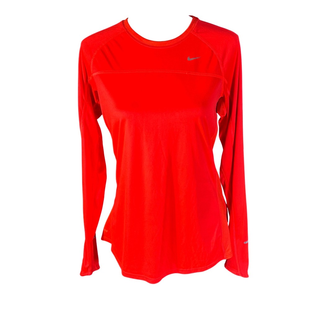 Nike Running Shirt Womens L Red Long Sleeve Dri-FIT Mesh Panel Top 596447-628